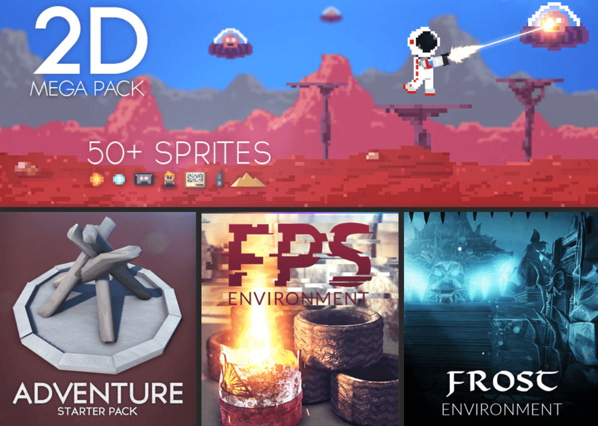 Preview of Dev Assets library featuring low-poly 3D props and game assets.
