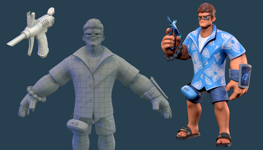 Stylized 3D character of a muscular man wearing a blue Hawaiian shirt, 
              holding a futuristic gadget gun. Includes wireframe and fully textured render.