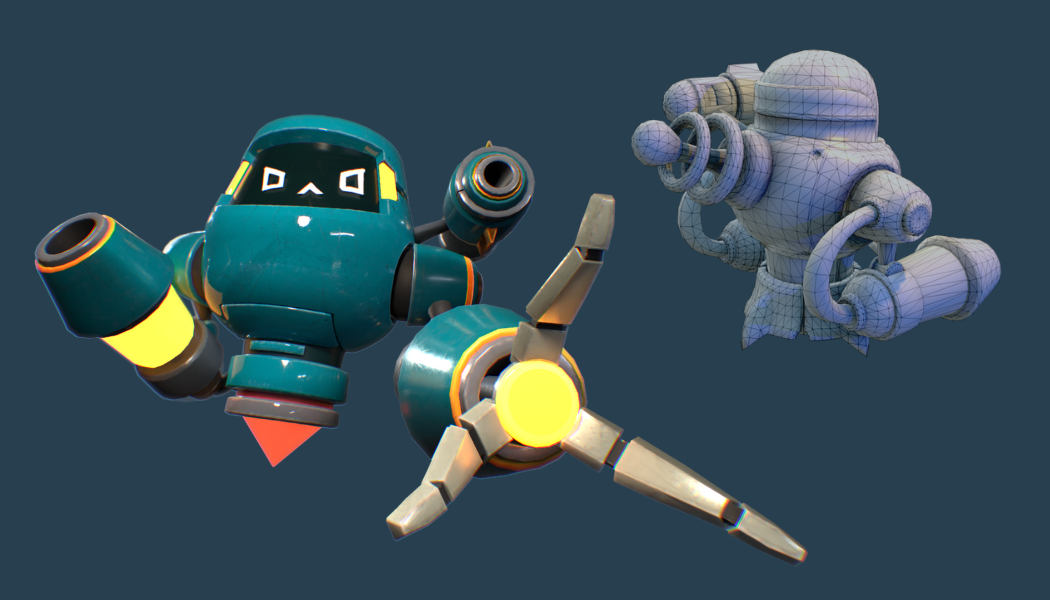 Stylized 3D model of a flying teal robot with glowing yellow thrusters and mechanical limbs. 
              Shows both wireframe and final render.