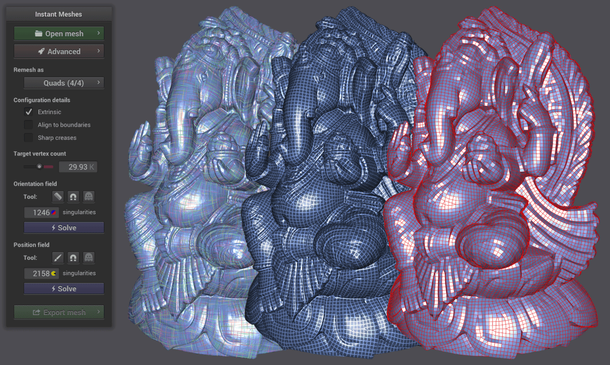 Screenshot of Instant Meshes interface showing automated retopology preview of a 3D mesh.