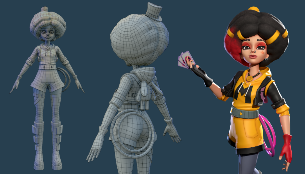 Stylized 3D female character with an afro hairstyle and colorful costume, 
              holding cards in her hand. Includes front and back wireframe alongside final render.