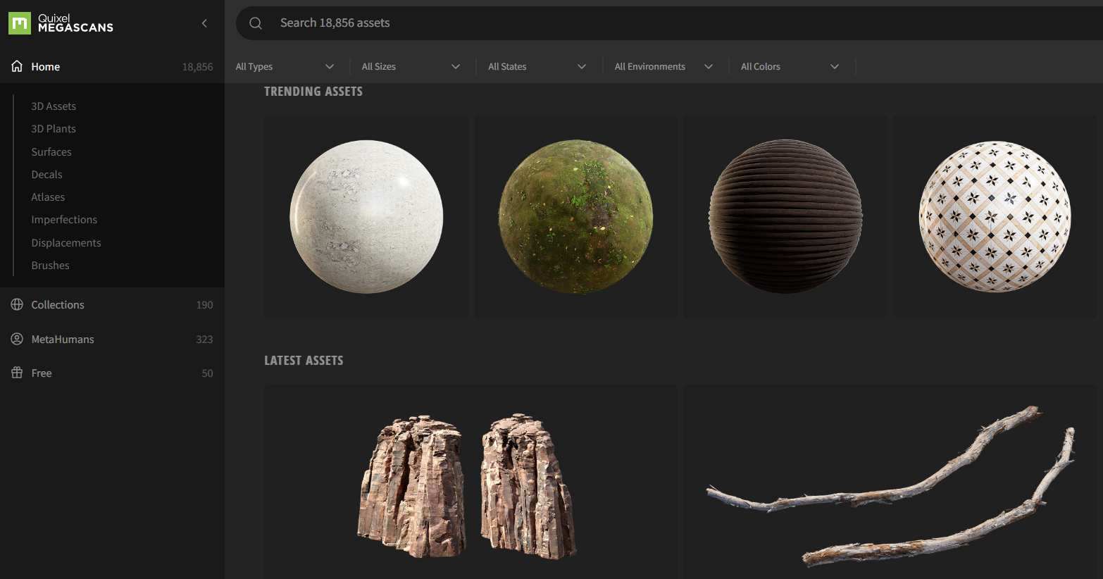 Preview of Quixel Megascans library with 3D material thumbnails and asset categories.
