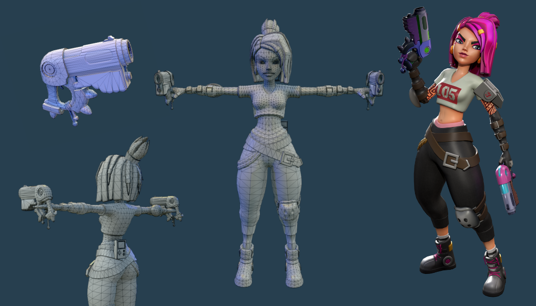 Stylized 3D character of a female fighter with pink hair, dual pistols, 
              and tactical outfit. Wireframe and final render shown side by side.